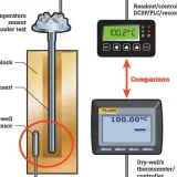 Vergleich eines zu prüfenden Temperatursensors mit einem Referenzthermometer zur Kalibrierung.