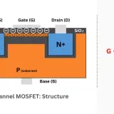 Querschnitt eines N-Kanal-MOSFETs mit Source, Gate und Drain. Daneben das Schaltzeichen.