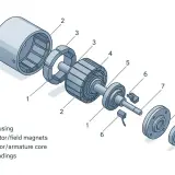 Explosionszeichnung eines Gleichstrommotors: Gehäuse (1), Stator/Magneten (2), Rotor/Anker (3) mit Wicklungen (4). So funktioniert ein DC Motor.