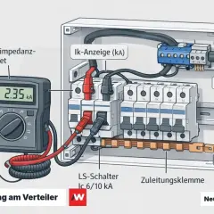 Sicherungskasten Aufbau: Schleifenimpedanz-Messgerät zeigt 2.35 kA an. LS-Schalter und Zuleitungsklemme sind sichtbar.