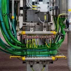 Grüne und gelb-grüne Kabelbündel, die für das balkonkraftwerk erden, sind an einer Sammelschiene befestigt.