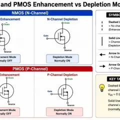 Übersicht über NMOS- und PMOS-MOSFET-Schaltzeichen: Enhancement- und Depletion-Modi.