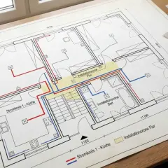 Bauplan mit roten und blauen Leitungen zur Planung von Steckdosen. Ein Architekt plant die Elektroinstallationen.