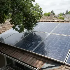 Solarmodule auf einem Ziegeldach, teilweise von einem Baum beschattet. Die PV-Anlage ist gedrosselt, da sie nicht optimal bestrahlt wird.