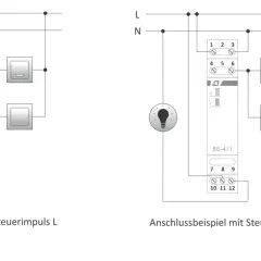 Schaltplan zeigt die bistabiles Relais Funktion mit Steuerimpulsen L und N, die eine Lampe schalten.