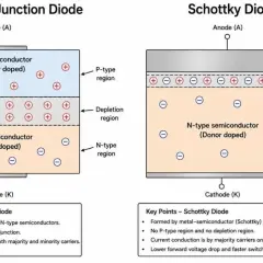 Vergleich PN- und Schottky-Diode. Die Schottky-Diode zeigt eine Metall-Halbleiter-Verbindung für schnelle Anwendungen.