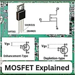 MOSFET-Anwendung: Ein MOSFET-Bauteil, Schaltplan und Symbole für Anreicherungs- und Verarmungstypen.