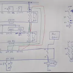 Not-Aus Schalter Schaltplan: Relais K1, K2, K3 steuern mit 24VDC und OSSD-Sensoren eine Maschine. PLC Q0.0 und Q0.1 überwachen.