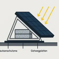 Balkonkraftwerk am Balkon befestigen: Solarmodul auf Gehwegplatten mit Bautenschutzmatte, beschienen von Sonnenstrahlen.