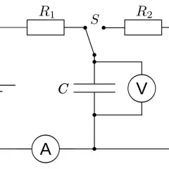 Schaltplan: Batterie, Widerstände R1, R2, Schalter S, Kondensator C und Voltmeter V. Der Kondensatoraufbau ist zentral.