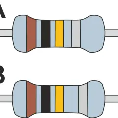 Zwei Widerstände mit farbcodierten Ringen. Der obere Widerstand (A) und der untere (B) zeigen den farbcode widerstand.
