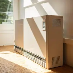 Ein großer, beiger Nachtspeicherofen steht im Sonnenlicht. Zeit, diesen alten Heizkörper zu entsorgen und Platz für Neues zu schaffen.