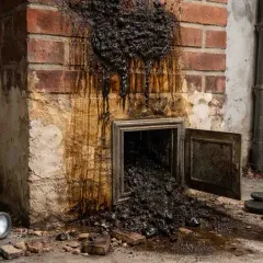 Schwarzer Ruß tropft aus einem Kamin, der eine **Versottung** zeigt. Eine Klappe ist geöffnet, und Ruß fällt heraus. Handschuhe und eine Taschenlampe liegen daneben.