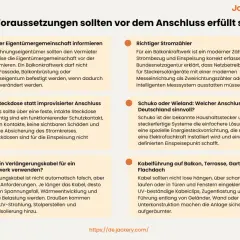 Voraussetzungen für Balkonkraftwerke: Vermieter informieren, passende Steckdose, richtiger Stromzähler, sichere Kabelführung.