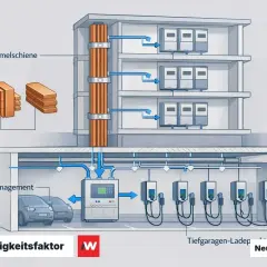 Schema einer Elektroinstallation mit Sammelschiene, Lademanagement und Tiefgaragen-Ladepunkten. Die Sicherungskasten Beschriftung ist hier nicht direkt sichtbar, aber die Funktion wird klar.