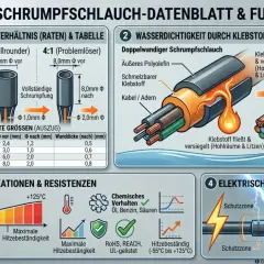 Schrumpfschlauch-Datenblatt: zeigt Schrumpfverhältnisse, Wasserdichtigkeit durch Klebstoff, technische Spezifikationen wie Betriebstemperatur und Hitzebeständigkeit, sowie elektrische Isolationskraft.