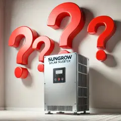 Fragen über Sungrow Nulleinspeisung? Ein Wechselrichter steht im Raum, umgeben von roten Fragezeichen.