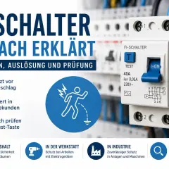 Ein FI-Schalter schützt vor Stromschlag, reagiert blitzschnell und ist einfach zu prüfen. Er ist unverzichtbar für Sicherheit im Haushalt, in der Werkstatt und in der Industrie.