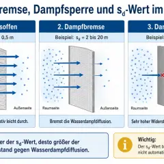 Vergleich von diffusionsoffen, Dampfbremse und Dampfsperre. Je höher der sd-Wert, desto größer der Widerstand gegen Wasserdampfdiffusion.