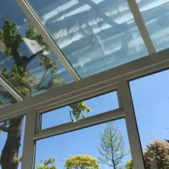 Blick durch ein Fenster in einen Wintergarten mit Glasdach. Bäume spiegeln sich im Glas. Dichtungsarbeiten am Wintergarten sind wichtig.