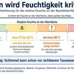 Im Sommer kann 70 prozent Luftfeuchtigkeit kritisch werden. Ab 80% steigt das Schimmelrisiko deutlich.