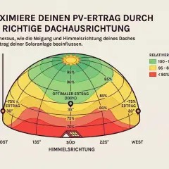Diagramm zeigt den relativen PV-Ertrag in Abhängigkeit von Dachneigung und Himmelsrichtung. Optimaler Ertrag bei Südausrichtung und 35° Neigung.