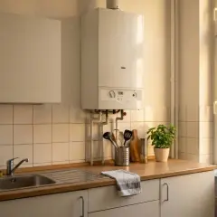 Eine Etagenheizung, die Wärme für die Wohnung liefert, hängt über der Küchenspüle.