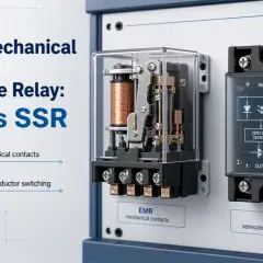 Vergleich von EMR und SSR. Ein mechanisches Relais (EMR) und ein Solid State Relais (SSR) werden gezeigt. Nachteile von Solid State Relais sind nicht direkt ersichtlich, aber die Technologie wird erklärt.