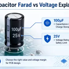 Ein Kondensator mit 100µF und 25V auf einer Leiterplatte. Die Anwendung zeigt Kapazität und Spannungsbegrenzung für PCB-Design.