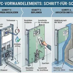 Schritt-für-Schritt-Anleitung zur Montage eines WC-Vorwandelements im Trockenbau: Rahmen ausrichten, Leitungen anschließen, beplanken, abdichten und Fliesen anbringen, bis zur Endmontage des WCs.