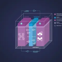 Schema des Batterieaufbaus: Kathode, Separator und Anode mit Lithium-Ionen-Strom und Elektronenfluss.