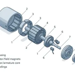 Explosionszeichnung eines Gleichstrommotors: Gehäuse (1), Stator/Magneten (2), Rotor/Anker (3) mit Wicklungen (4). So funktioniert ein DC Motor.