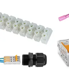 Verschiedene Klemmen und Verbinder zum sicheren stromkabel verbinden: Reihenklemme, WAGO-Klemme, Schrumpfverbinder und Kabelverschraubung.