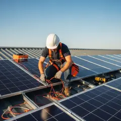 Mann mit Helm und Geschirr installiert PV-Anlage auf einem Dach. Er verbindet Kabel, um die Anlage anzumelden, ohne einen Elektriker zu benötigen.