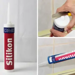 Silikonkartusche wird vorbereitet und aufgetragen. Der Unterschied zwischen Acryl und Silikon ist wichtig für die Anwendung.