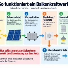 Schema erklärt, wie ein Balkonkraftwerk funktioniert: Sonne, Module, Wechselrichter, Steckdose, Geräte, Überschuss. Warum Balkonkraftwerk anmelden? Für sicheren Betrieb und Einspeisung.