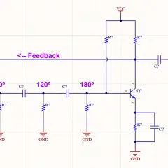 Schaltplan eines Oszillators mit Rückkopplungsschleife, die Phasenverschiebungen von 60°, 120° und 180° erzeugt.