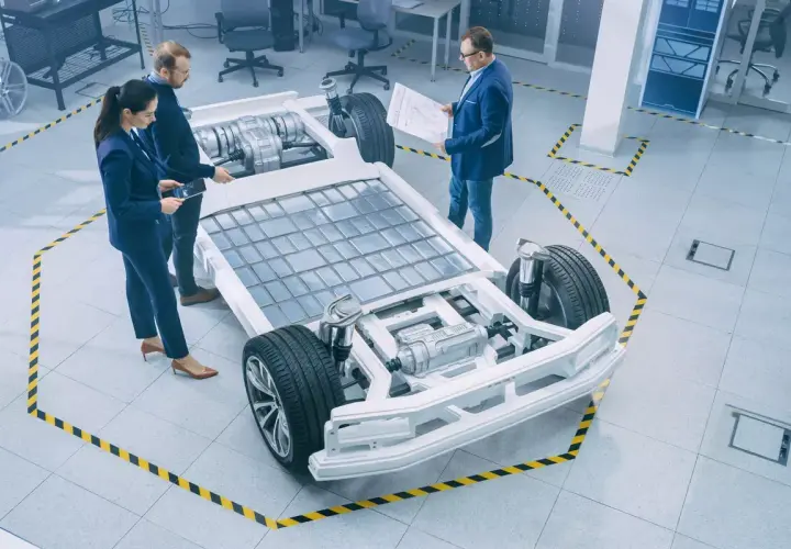 Ingenieure diskutieren über die e-auto batterie als pv speicher, die in einem modernen Labor auf einem Chassis montiert ist.