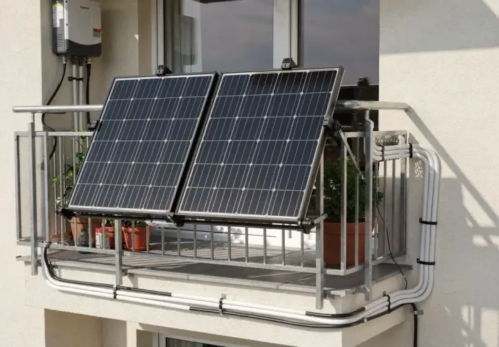 Zwei Solarmodule auf einem Balkongeländer, mit einem Wechselrichter an der Wand. Eine einfache Lösung für solar ohne anmeldung.