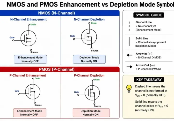 Übersicht über NMOS- und PMOS-MOSFET-Schaltzeichen: Enhancement- und Depletion-Modi.