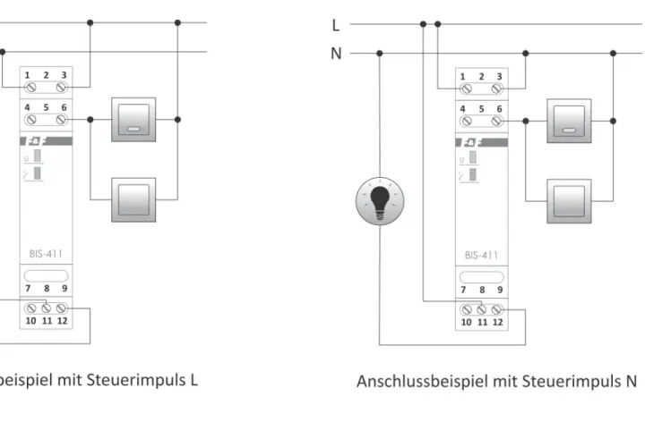 Schaltplan zeigt die bistabiles Relais Funktion mit Steuerimpulsen L und N, die eine Lampe schalten.