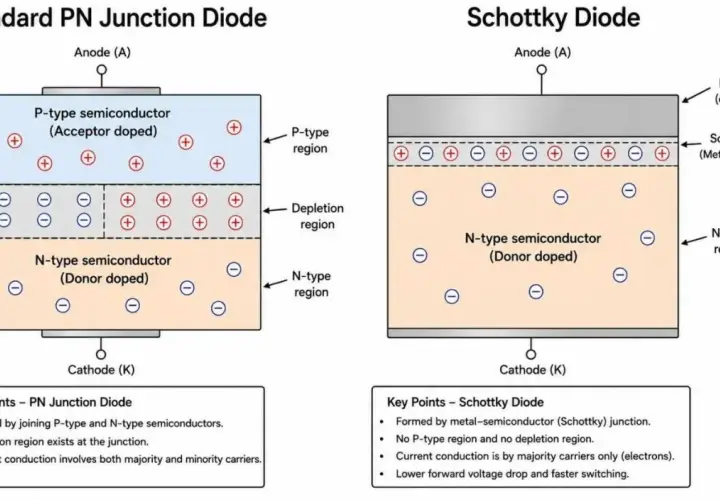 Vergleich PN- und Schottky-Diode. Die Schottky-Diode zeigt eine Metall-Halbleiter-Verbindung für schnelle Anwendungen.