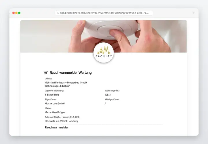 Rauchmelder Wartungsprotokoll für die Wohnung von Maximilian Krüger in Hamburg. Die Wartung des Rauchmelders wurde durchgeführt.