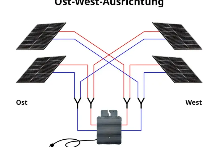 Schema für Balkonkraftwerke mit Ost-West-Ausrichtung. Vier Solarmodule sind mit einem Wechselrichter verbunden.