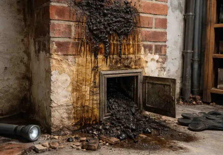 Schwarzer Ruß tropft aus einem Kamin, der eine **Versottung** zeigt. Eine Klappe ist geöffnet, und Ruß fällt heraus. Handschuhe und eine Taschenlampe liegen daneben.