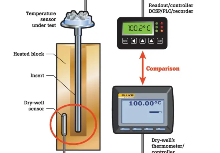 Vergleich eines zu prüfenden Temperatursensors mit einem Referenzthermometer zur Kalibrierung.
