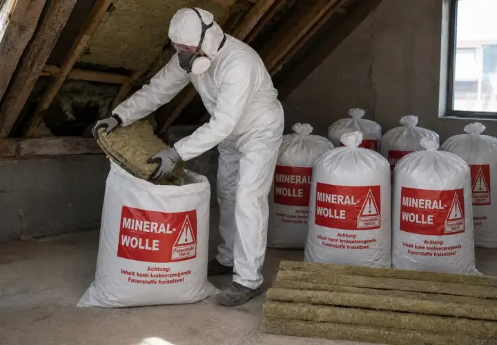 Mann in Schutzkleidung packt Mineralwolle in Säcke. Mehrere Säcke mit der Aufschrift "MINERALWOLLE" stehen bereit zur fachgerechten Entsorgung.