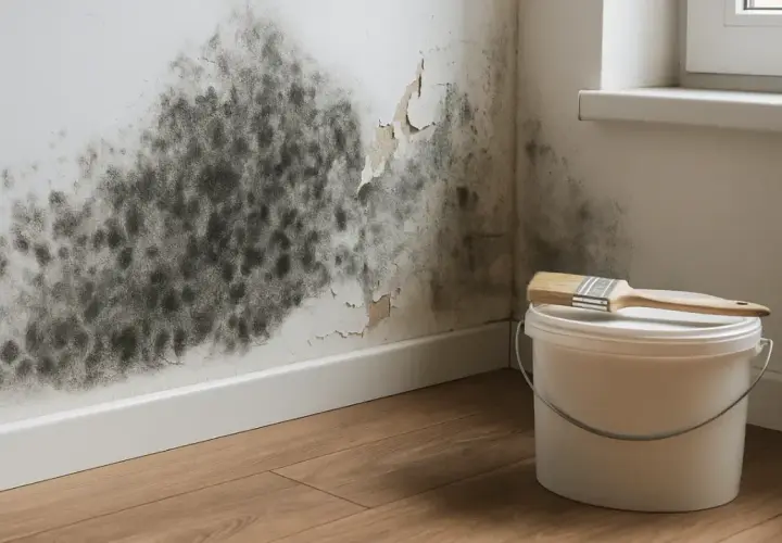 Großer **Schimmel an der Wand** breitet sich aus. Ein Farbeimer und Pinsel stehen bereit, um das Problem zu beheben.