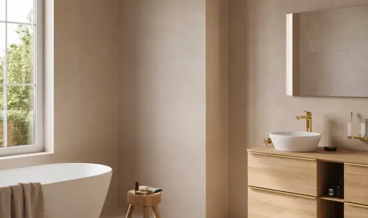 Modernes Badezimmer mit freistehender Wanne und Doppelwaschtisch. Die goldfarbene Armatur verspricht angenehme temperatur badezimmer.