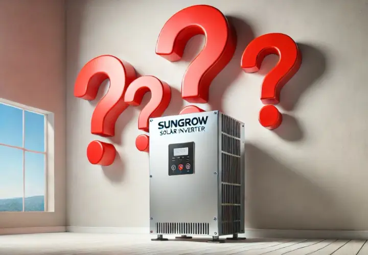 Fragen über Sungrow Nulleinspeisung? Ein Wechselrichter steht im Raum, umgeben von roten Fragezeichen.